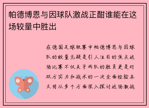 帕德博恩与因球队激战正酣谁能在这场较量中胜出